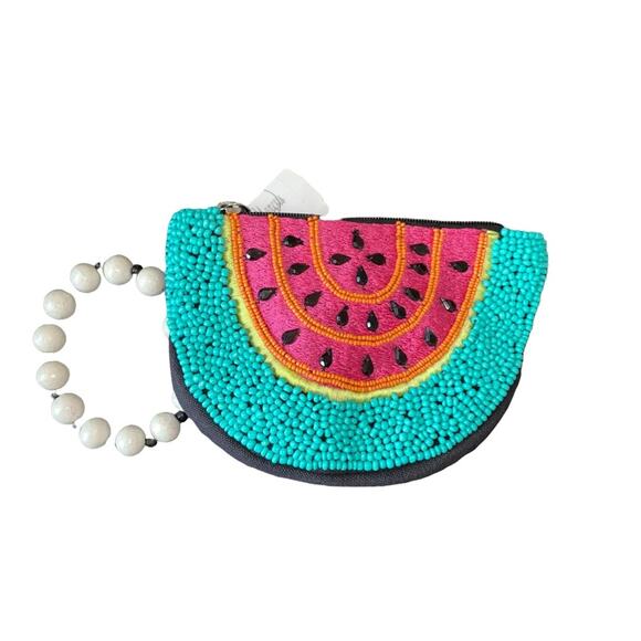 Neiman Marcus Beaded Embroidered Watermelon Slice Zippered Wristlet 7" Length - Picture 1 of 7